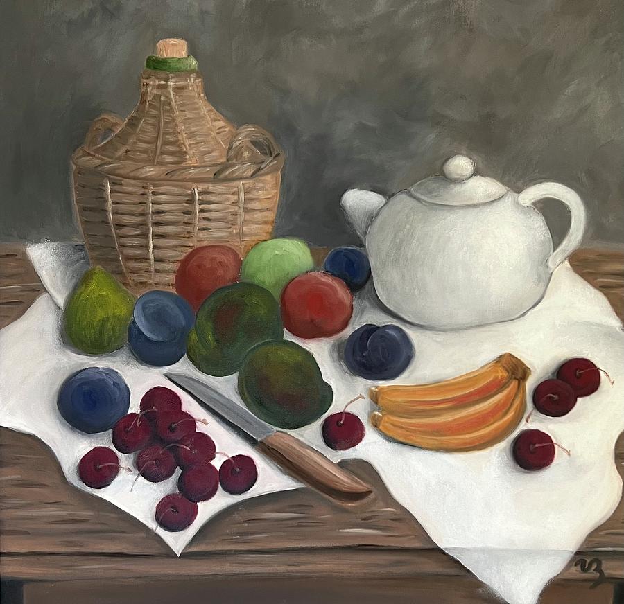 Still Life with Jug Wine and Fruits Painting by Victoria Lakes
