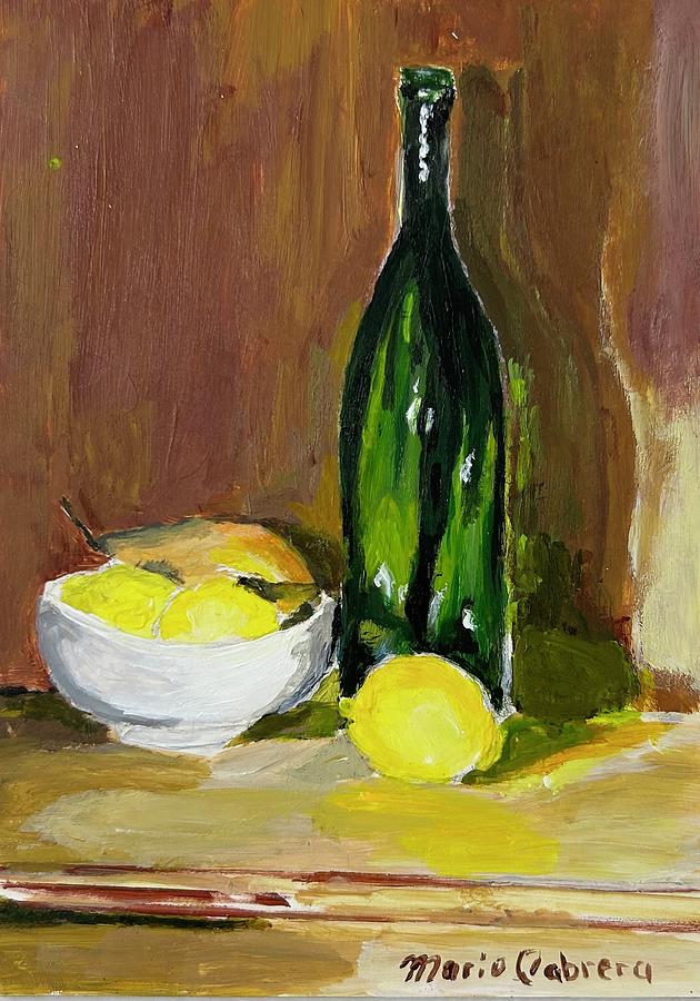 Still life with lemons and and pear. Painting by Mario Cabrera