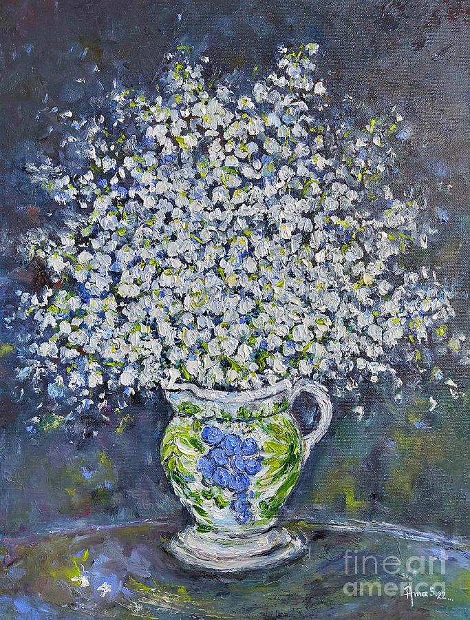 Still Life with Lily of the Valley Flowers in a Ceramic Pot Painting by Amalia Suruceanu