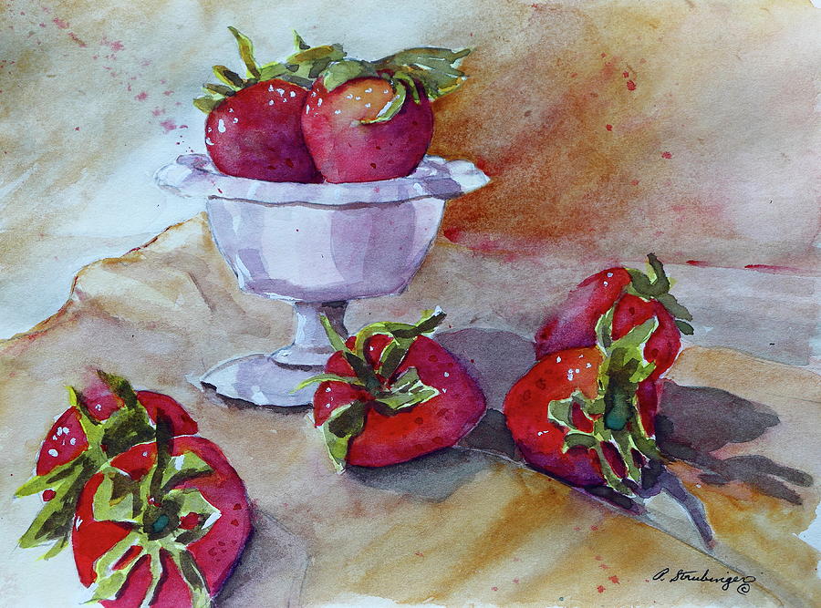 Strawberry Painting - Still Life With Milk Glass And Strawberries by Patty Strubinger