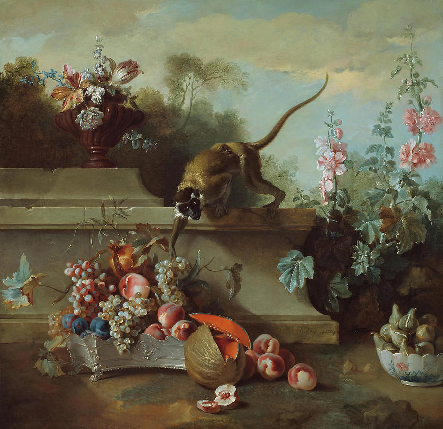 Still Life with Monkey, Fruits, and Flowers. Jean Baptiste Oudry, French, 1686-1755. Painting by Jean-Baptiste Oudry