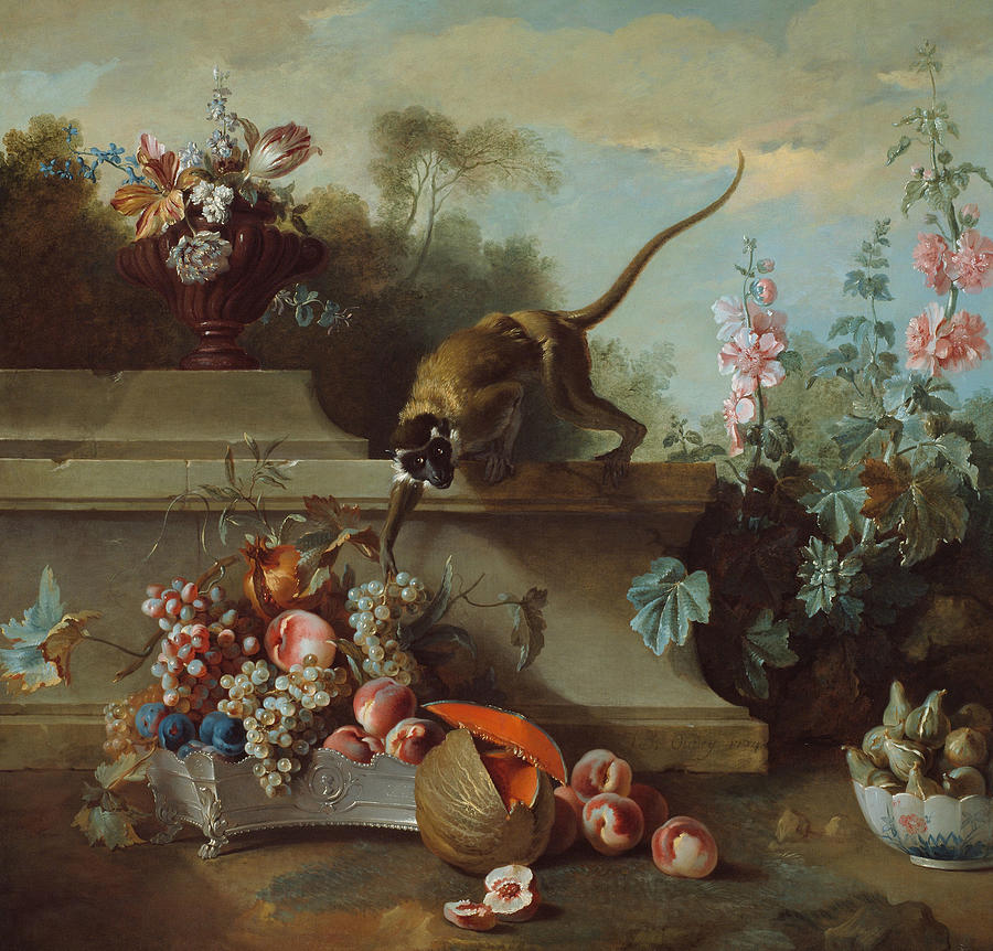 Still Life with Monkey, Fruits, and Flowers Painting by Jean-Baptiste Oudry