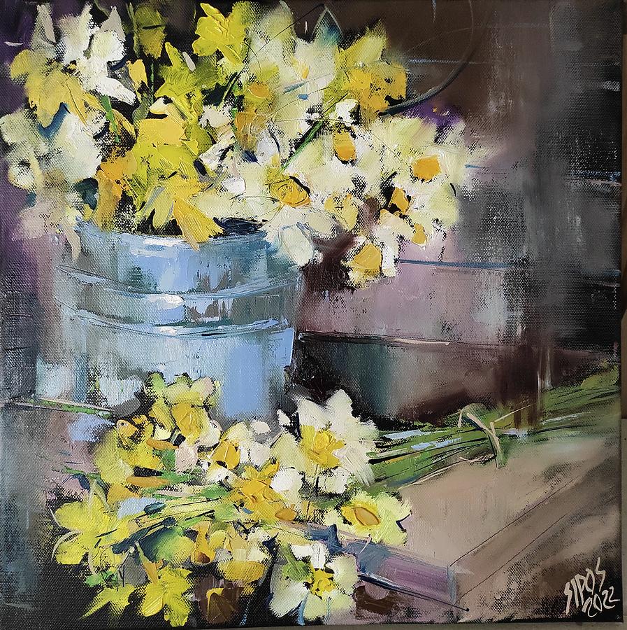 Still life with narcissus bouquet. Painting by Lorand Sipos
