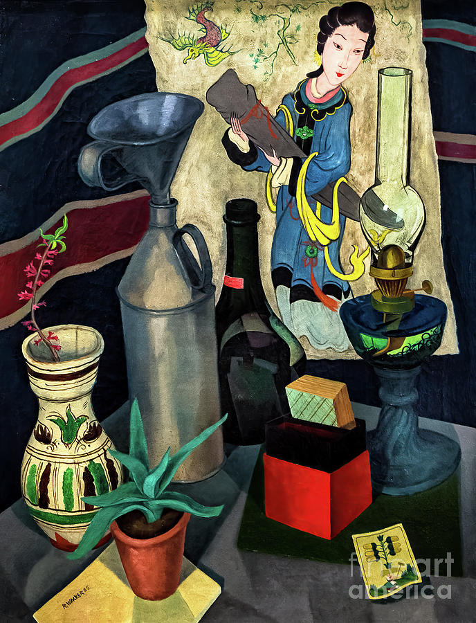 Still Life with Oil Can, Pot Plant and Chinese Picture by Rudolf Painting by Rudolf Wacker