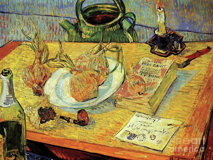 Still life with onions and books, 1889 Painting by Vincent van Gogh