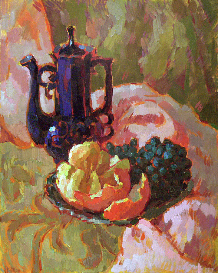 Still Life Painting - Still life with orange and grapes by Vera Bondare