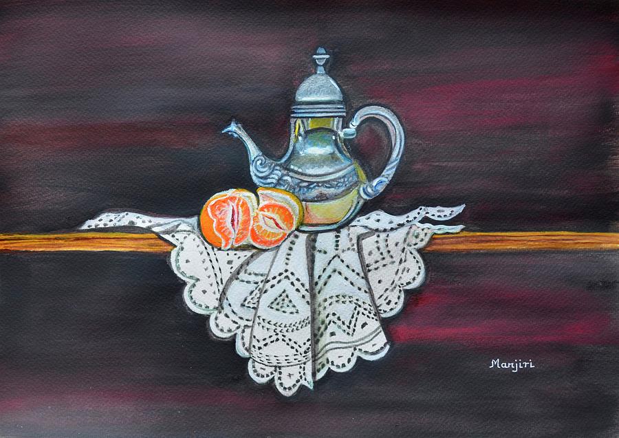 Still life with orange and teapot on lace Painting by Manjiri Kanvinde