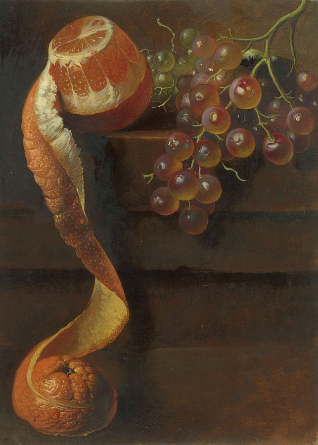 Grape Painting - Still Life with Peeled Orange and Bunch of Grapes by Albertus Steenbergen