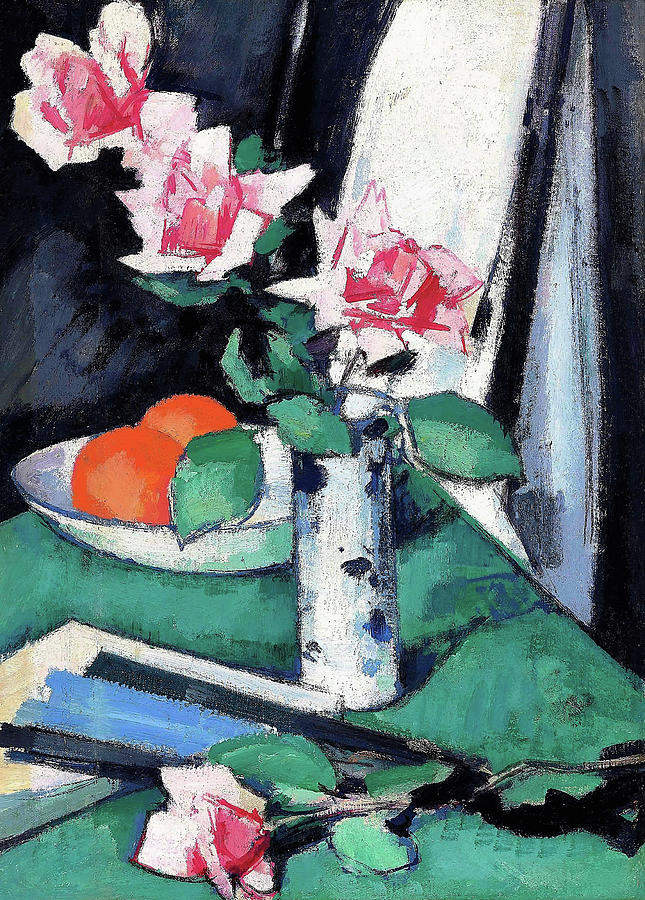 Still life with Pink Roses and Oranges in a blue and white vase - Digital Remastered Edition Painting by Samuel John Peploe