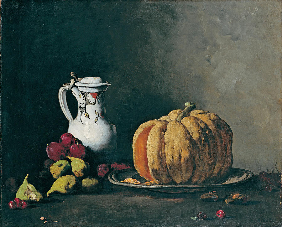 Still Life with Pumpkin, Plums, Cherries, Figs and Jug Painting by Augustin Theodule Ribot