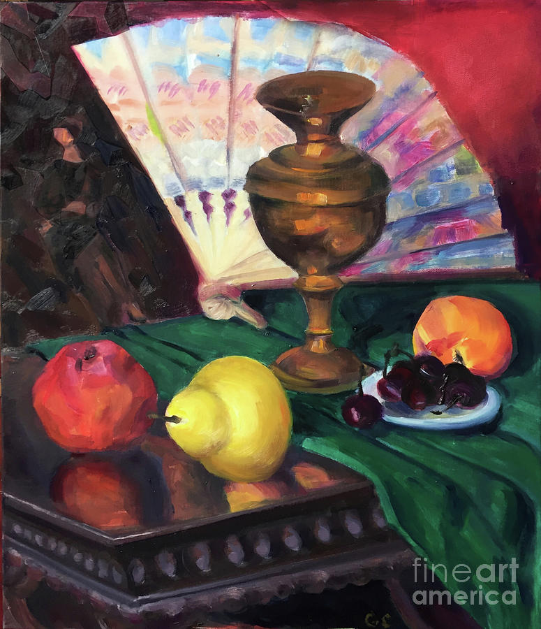 Still life with Reflections of brightly colored red and yellow Fruit on a Dark Wooden Table Painting by Greta Corens
