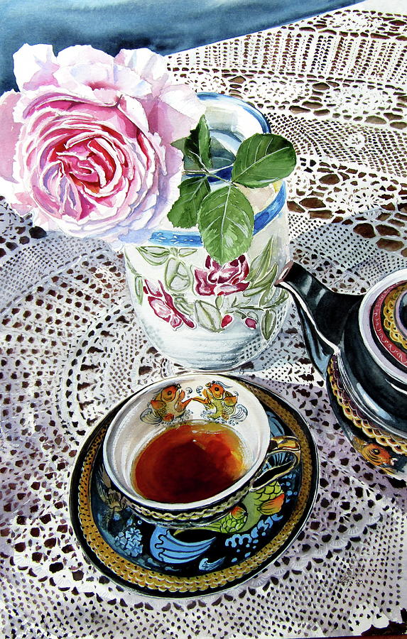 Still life with rose and tea set Painting by Kovacs Anna Brigitta
