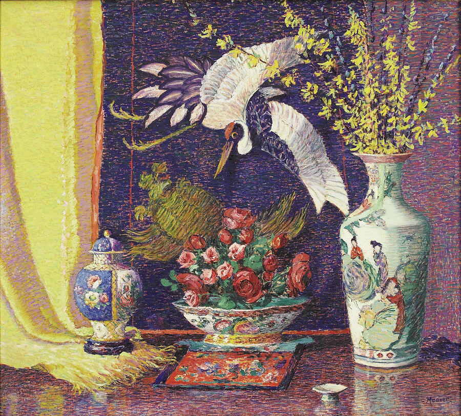 Still life with roses, forsythia and Chinese porcelain by Lillian Burk Meeser Painting by Lillian Burk Meeser Still life with roses, forsythia and Chinese porcelain by Lillian Burk Meeser Painting by Lillian Burk Meeser