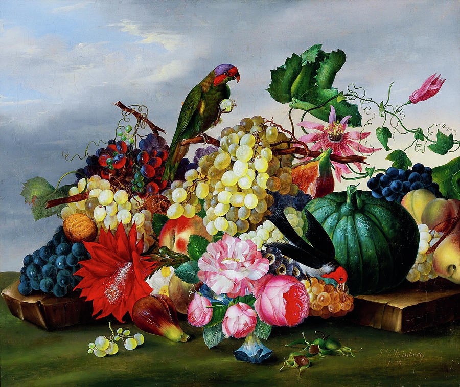 Still life with roses, grapes and a parrot by JG Steinberg Painting by ...