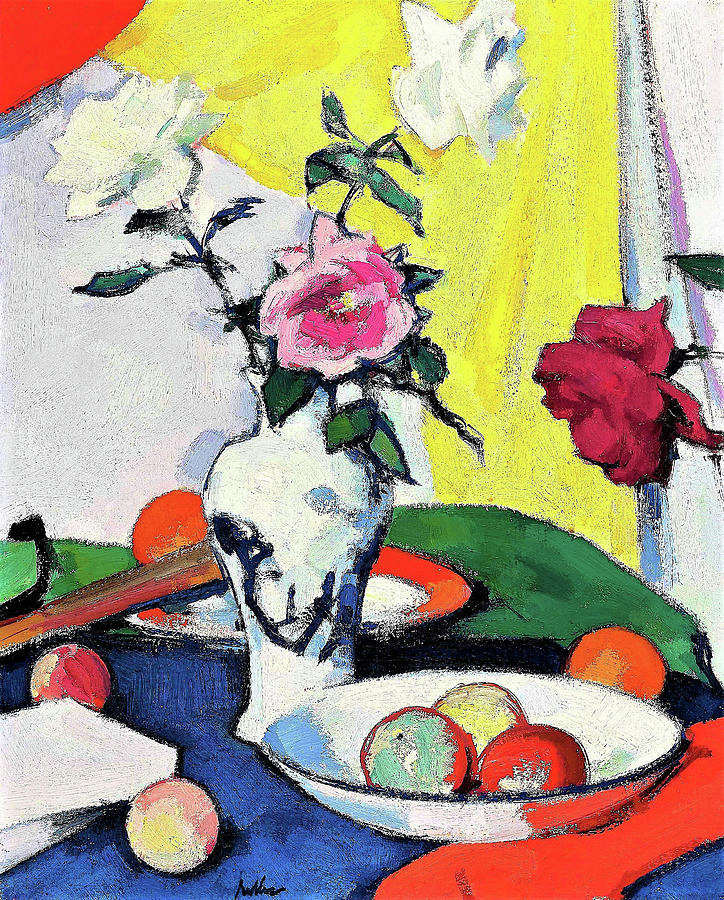 Still Life with Roses, yellow background - Digital Remastered Edition Painting by Samuel John Peploe