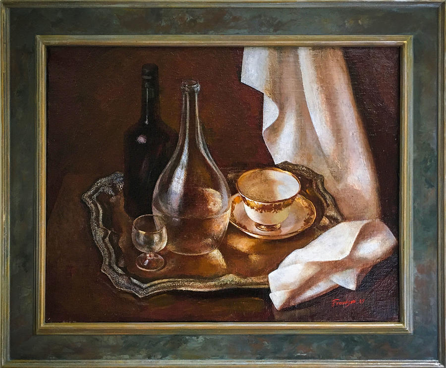 Still life with silver, wine and water. Painting by Felix Freudzon ...