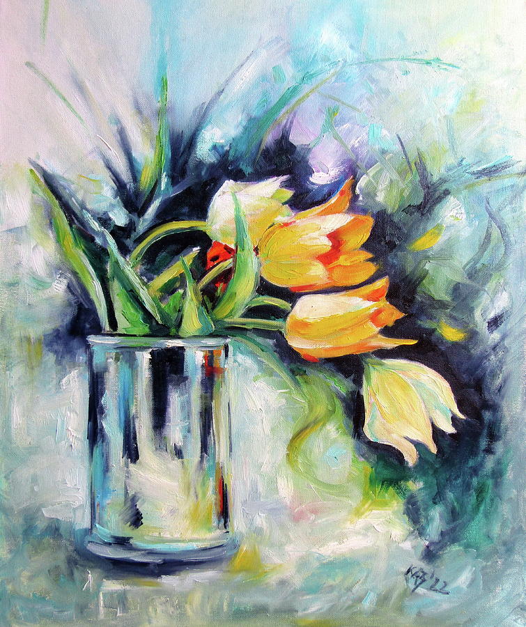 Still life with some tulips Painting by Kovacs Anna Brigitta