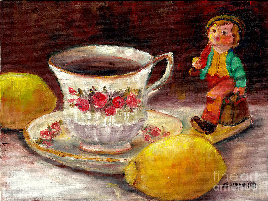 Still Life With Tea Cup And Lemons Hummel Figurine Merry Wanderer Original Painting Grace Venditti Painting by Grace Venditti