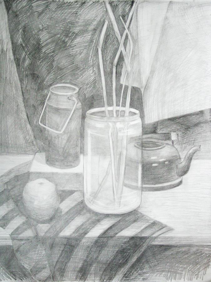 Still Life With Teapot And Glass Jar Drawing