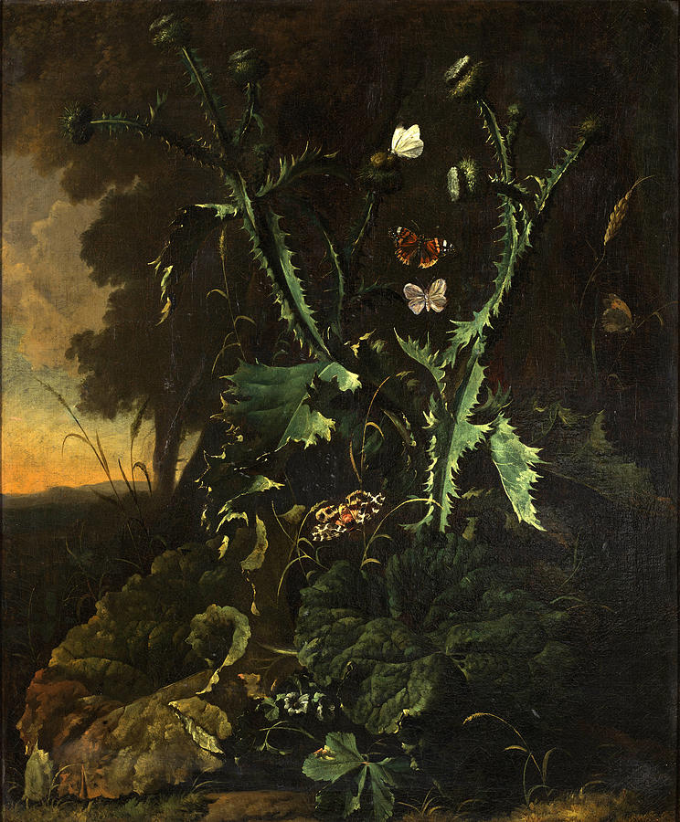 Still life with thistles and butterflies Painting by Abraham Begeyn