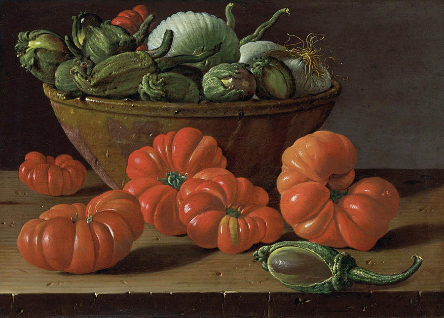 Tomato Painting - Still Life With Tomatoes, A Bowl Of Aubergines And Onions by Luis Melendez