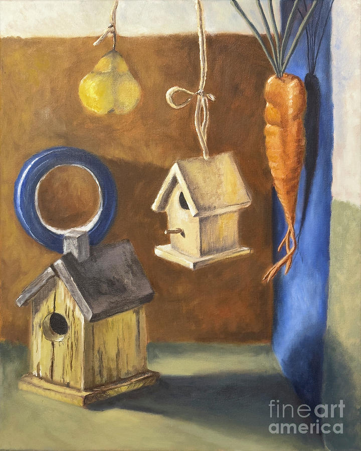 Still Life with Two Bird Houses and Hanging Carrot Painting by Dejan Jovanovic