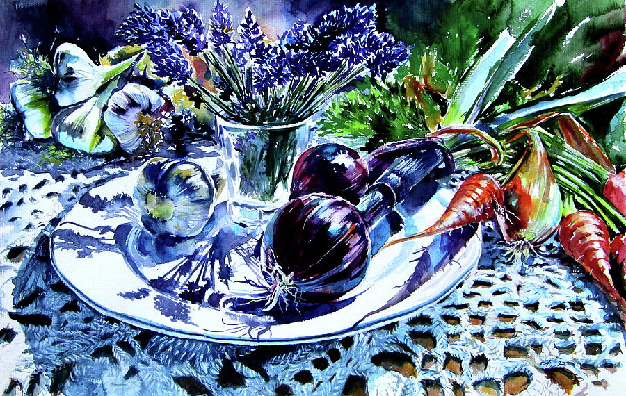 Still life with vegetables and lavender Painting by Kovacs Anna Brigitta