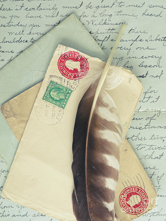 Still Life with Vintage Letters Feather 1 Photograph by Edward Fielding