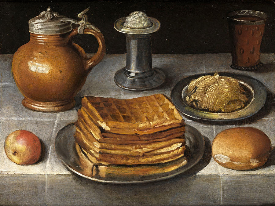 Still life with waffles Painting by Circle of Georg Flegel