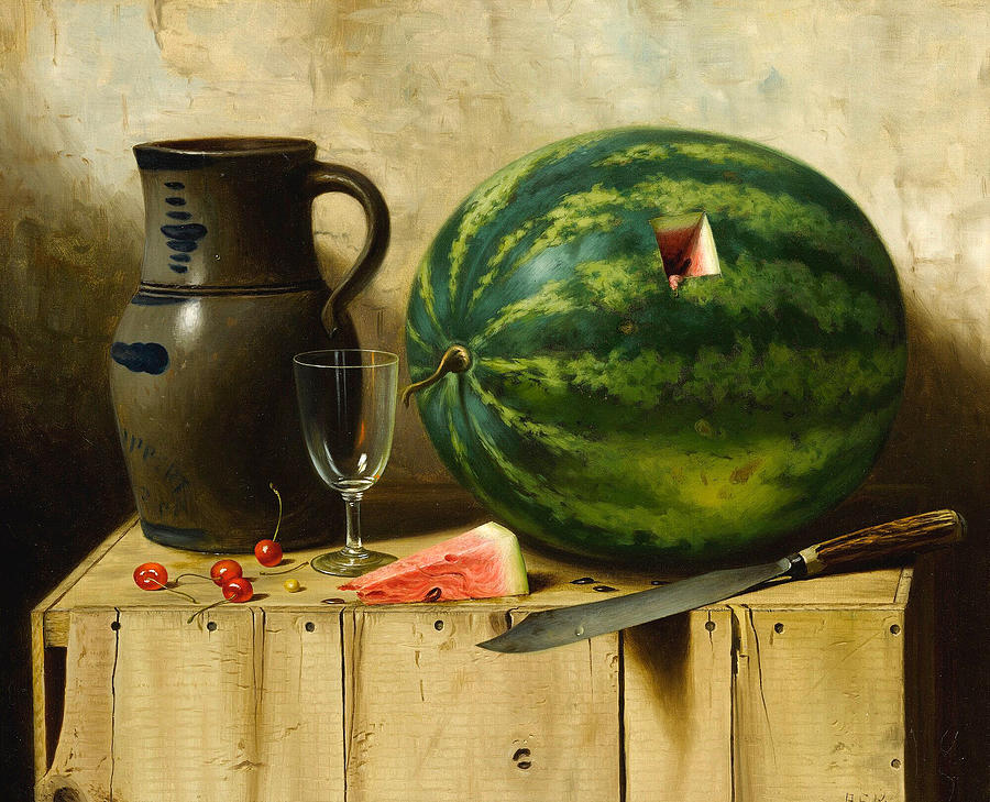 Still Life with Watermelon, Jug and Knife Painting by Albert Francis King