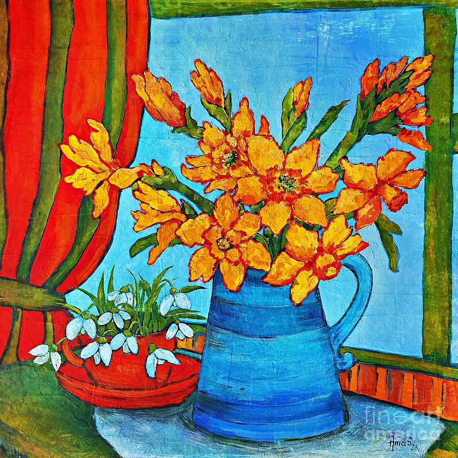Still life with Yellow Daffodils and Snowdrops Painting by Amalia Suruceanu