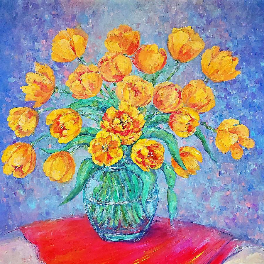 Still Life with Yellow Tulips in a Glass Vase Painting by Amalia Suruceanu