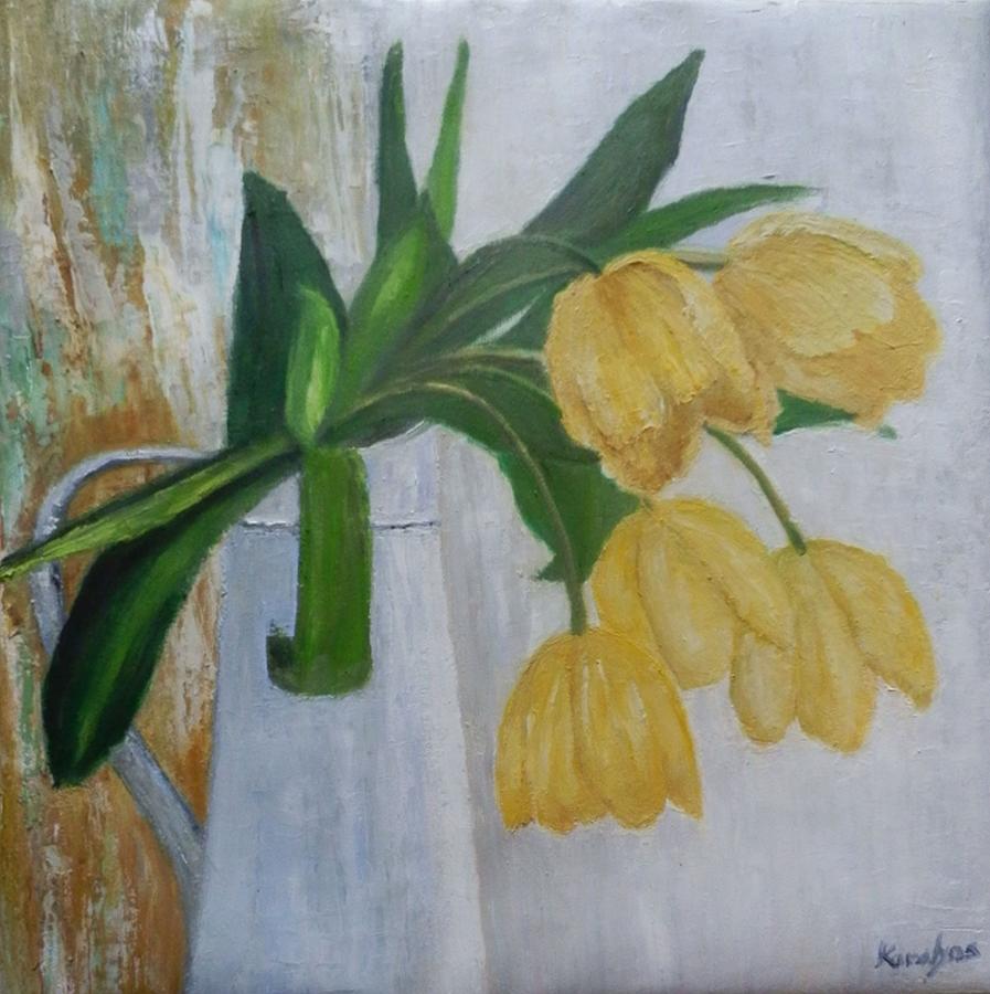 Still Life Painting - Still life with yellow tulips by Maria Karalyos