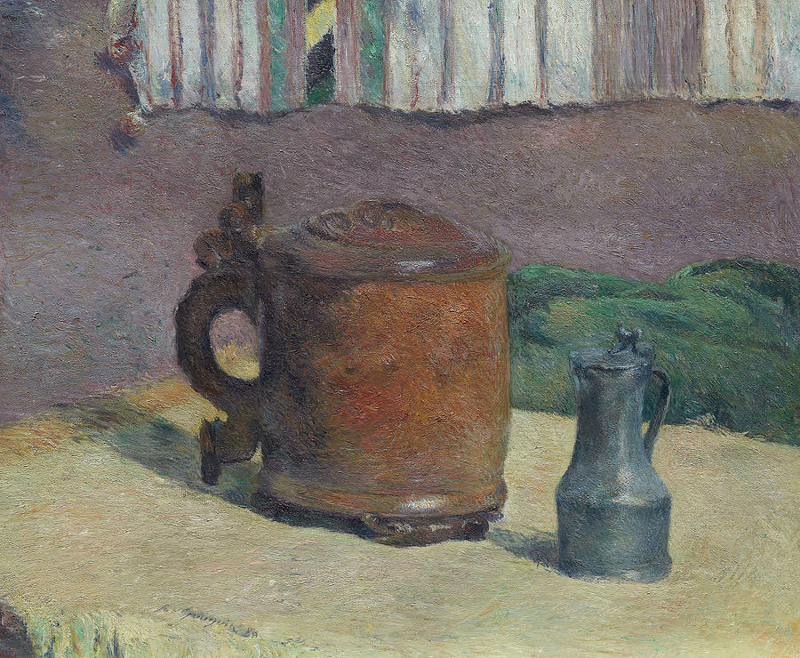 Still Life - Wood Tankard and Metal Pitcher Painting by Paul Gauguin