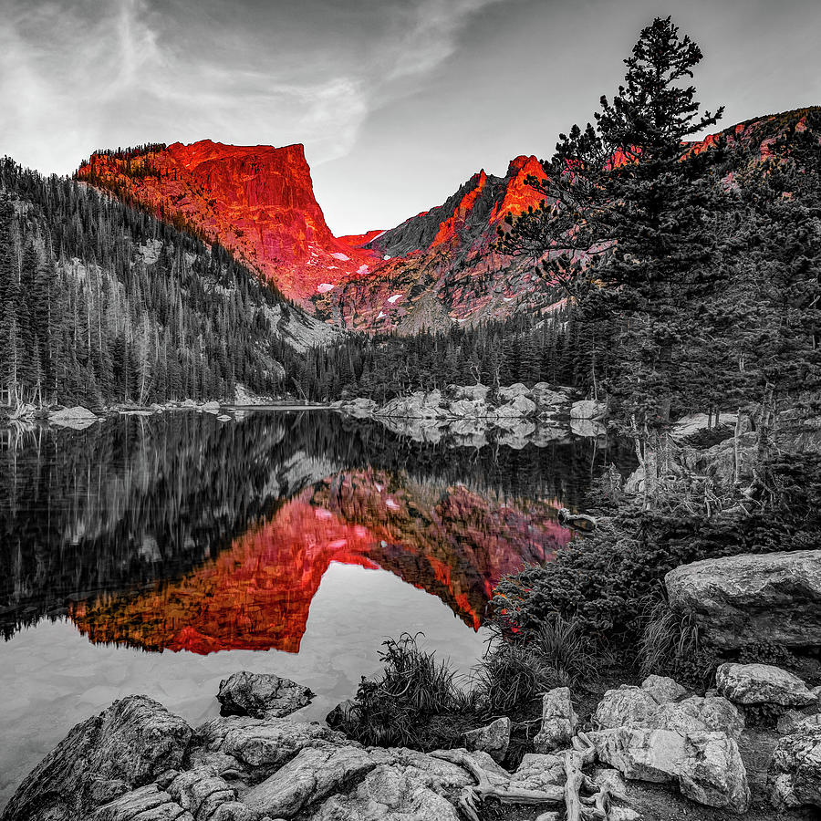 Still Reflections of Hallett Peak at Sunrise - Dream Lake Colorado Photograph by Gregory Ballos