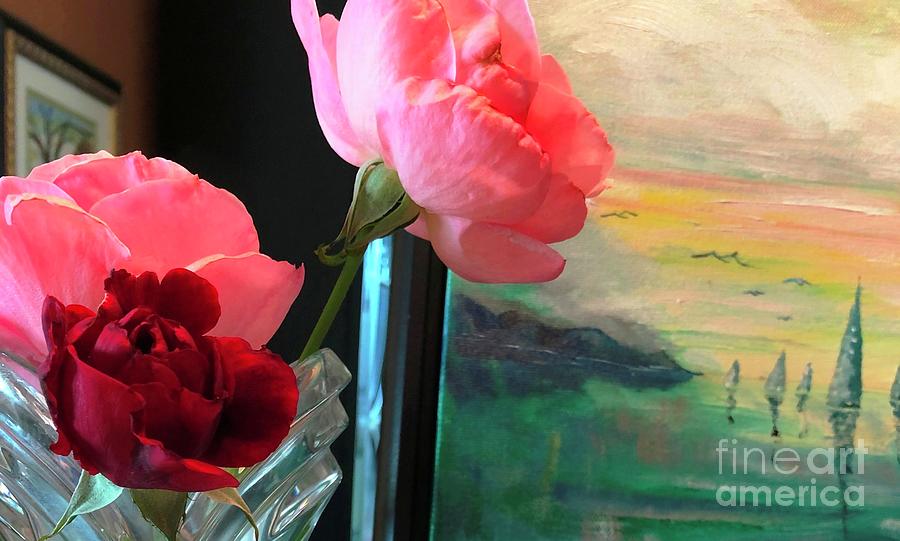 Roses in Contemorary Modern Crystal Vase with My Heart Sails Oil Painting  Photograph by Catherine Ludwig Donleycott