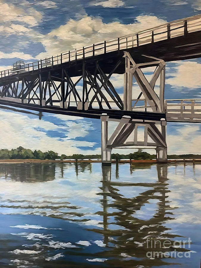 Architecture Painting - Still Water Painting bridge coastal sky water blues whites greys by N Akkash