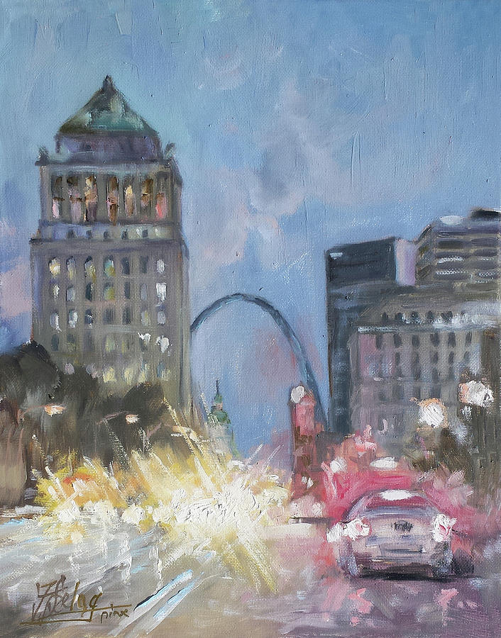 St.Louis Evening Lights - Market Street Painting by Irek Szelag