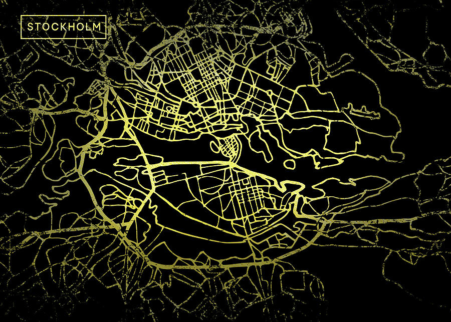 Stockholm Map in Gold and Black Digital Art by Sambel Pedes