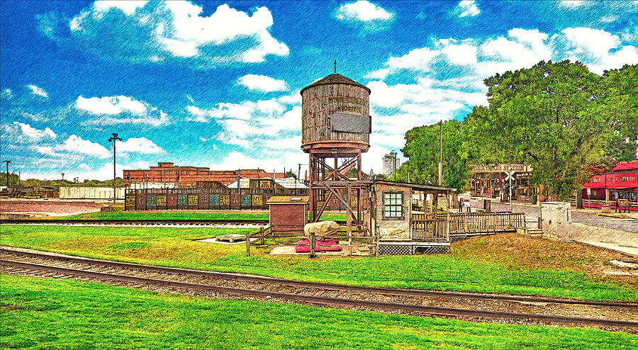 Stockyards station wooden water tower in Fort Worth, Texas Digital Art by Nicko Prints