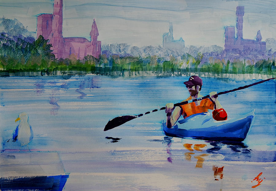 Stoke Newington West Reservoir London Landscape Artist of the Year Kayak Painting by Mike Jory