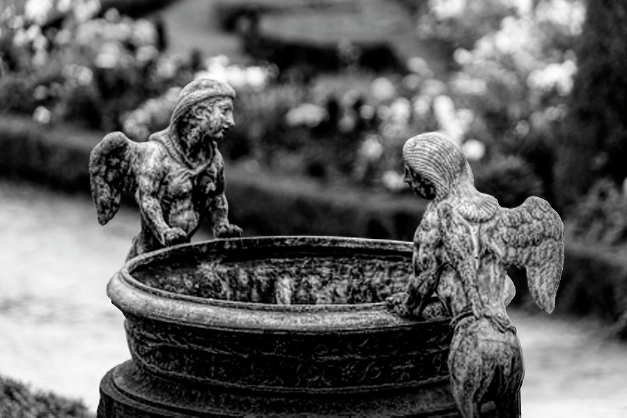 Black And White Photograph - Stone Angels and a Cauldron in a Garden, France by John Twynam