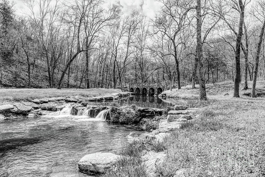 Stone Arch Bridge And Waterfalls Grayscale Photograph by Jennifer White
