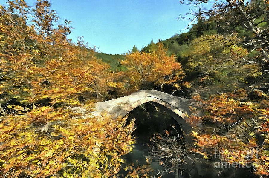 Stone bridge during autumn Painting by George Atsametakis