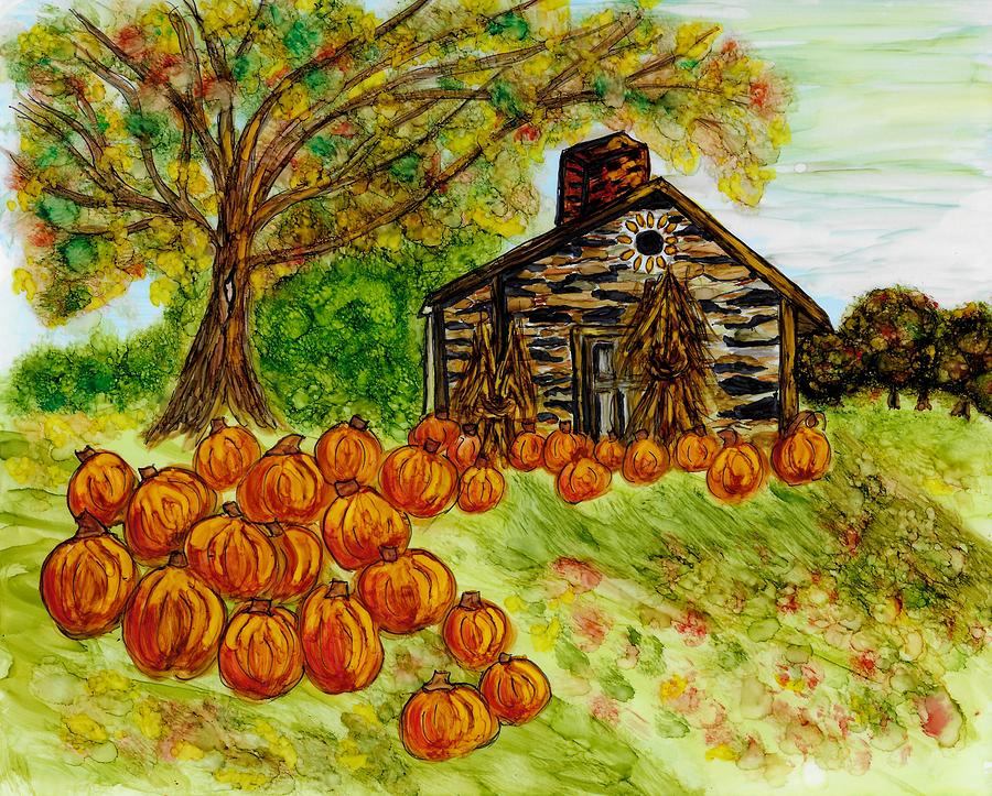 Stone Cabin Pumpkin Patch Painting by Linda Stanton