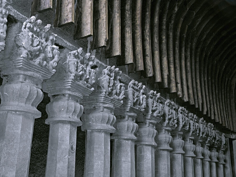Stone carved pillars & Ceiling of Karla cave Photograph by Yogesh_more