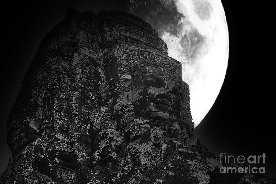 Landscape Photograph - Stone Face BW Moon Cambodia Artistic  by Chuck Kuhn