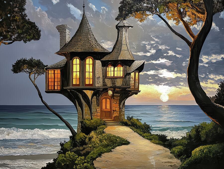 Stone Seaside Cottage At Sunset Digital Art by Eris And AI Stone Seaside Cottage At Sunset Digital Art by Eris And AI