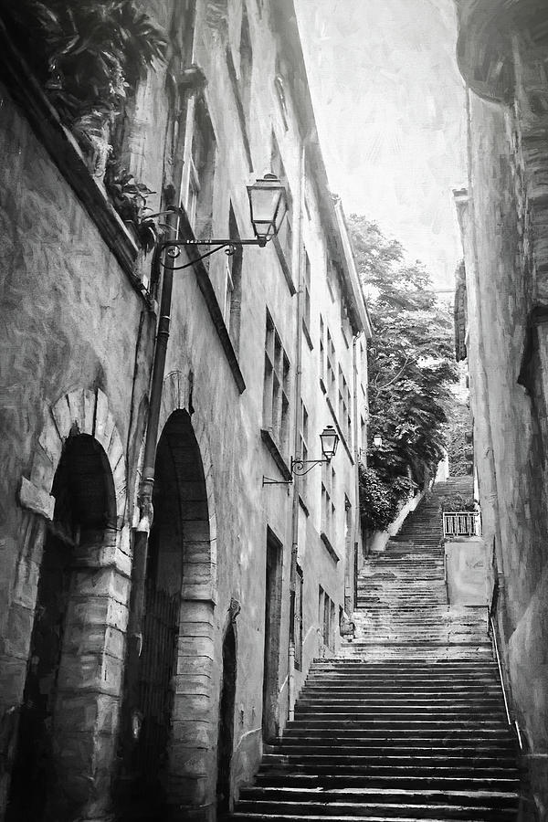 Stone Steps of Vieux Lyon France Black and White  Photograph by Carol Japp