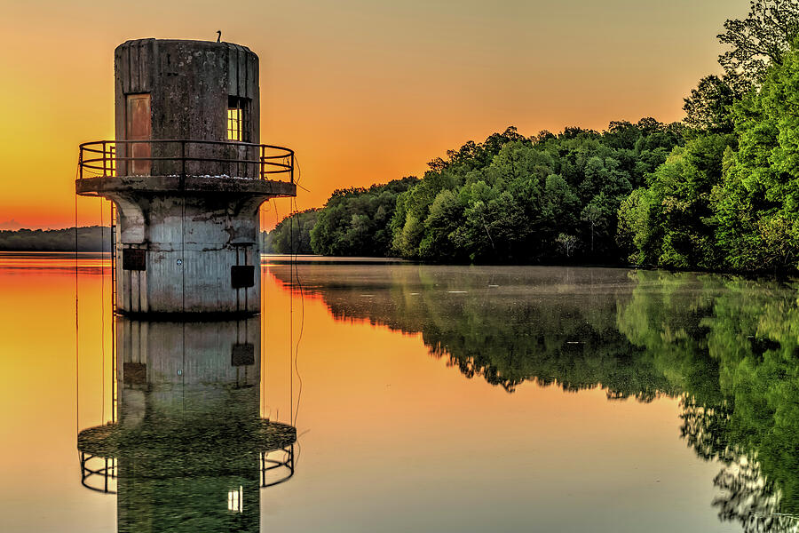 Stone Water Tower at Sunrise Over Lake Fayetteville Photograph by Gregory Ballos